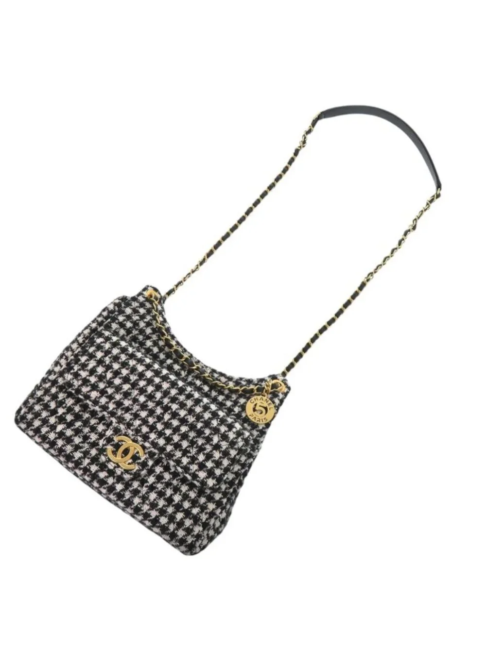 Chanel CC Logo Hobo Tweed Black Shoulder Bag Random Plate Gold White